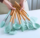 Kit Jogo de Cozinha Silicone, Utensílios e Copo Suporte para Cozinheiro Cabo de Madeira MasterChef